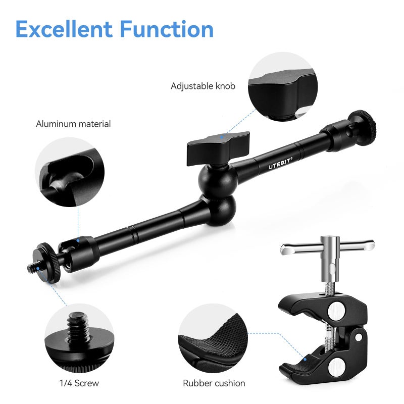 UTEBIT 11" Magic Arm Clamp Mount Kit, 360Â° Ball Heads with ARRI 1/4" & 3/8" Thread Screw, Camera Mount Adjustable Friction Arm w Super Clamp for DSLRs, Camera Cage, Monitor, LED Light, Action Camera - Image 2